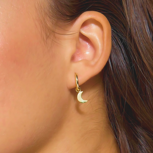 925 Sterling Silver Round Hoop Earrings with Crescent Moon Symbol