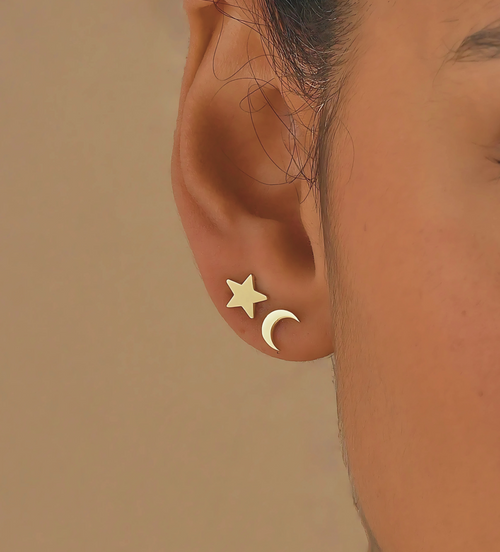 925 Sterling Silver Moon Star Stud Double Earrings