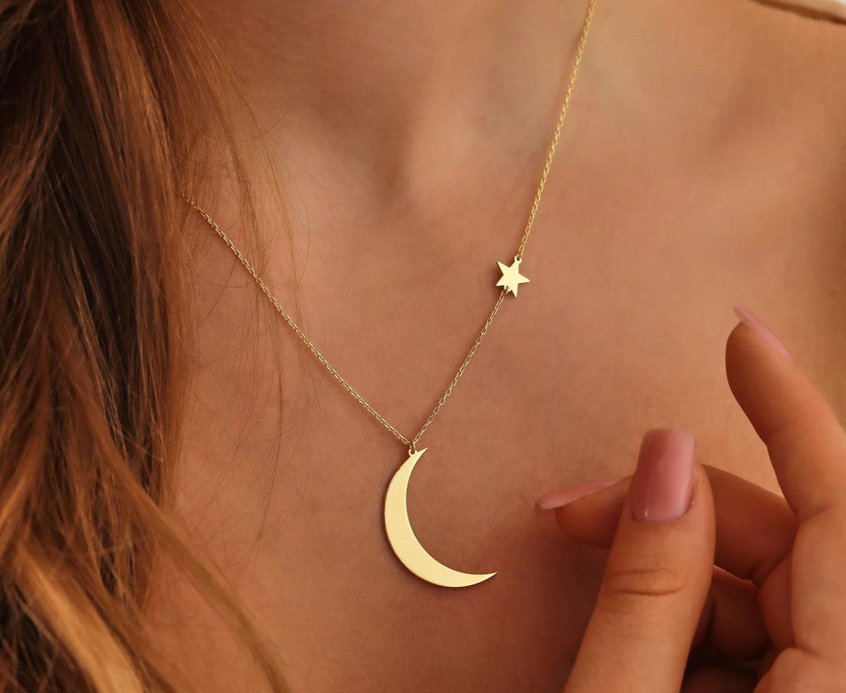 925 Sterling Silver Moon and Star Necklace