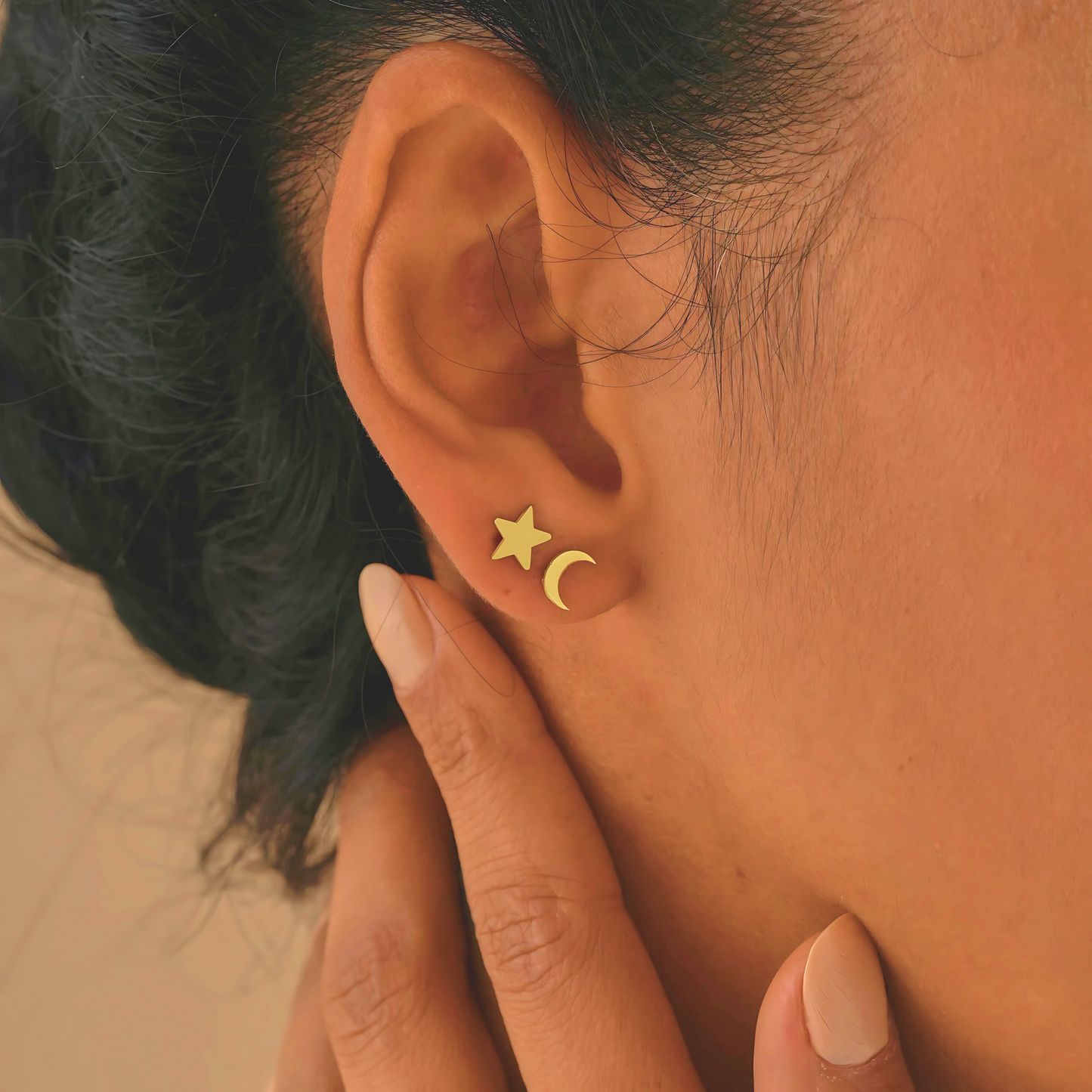 925 Sterling Silver Moon Star Stud Double Earrings