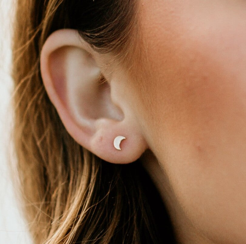 925 Sterling Silver Small Half Moon Stud Double Earrings