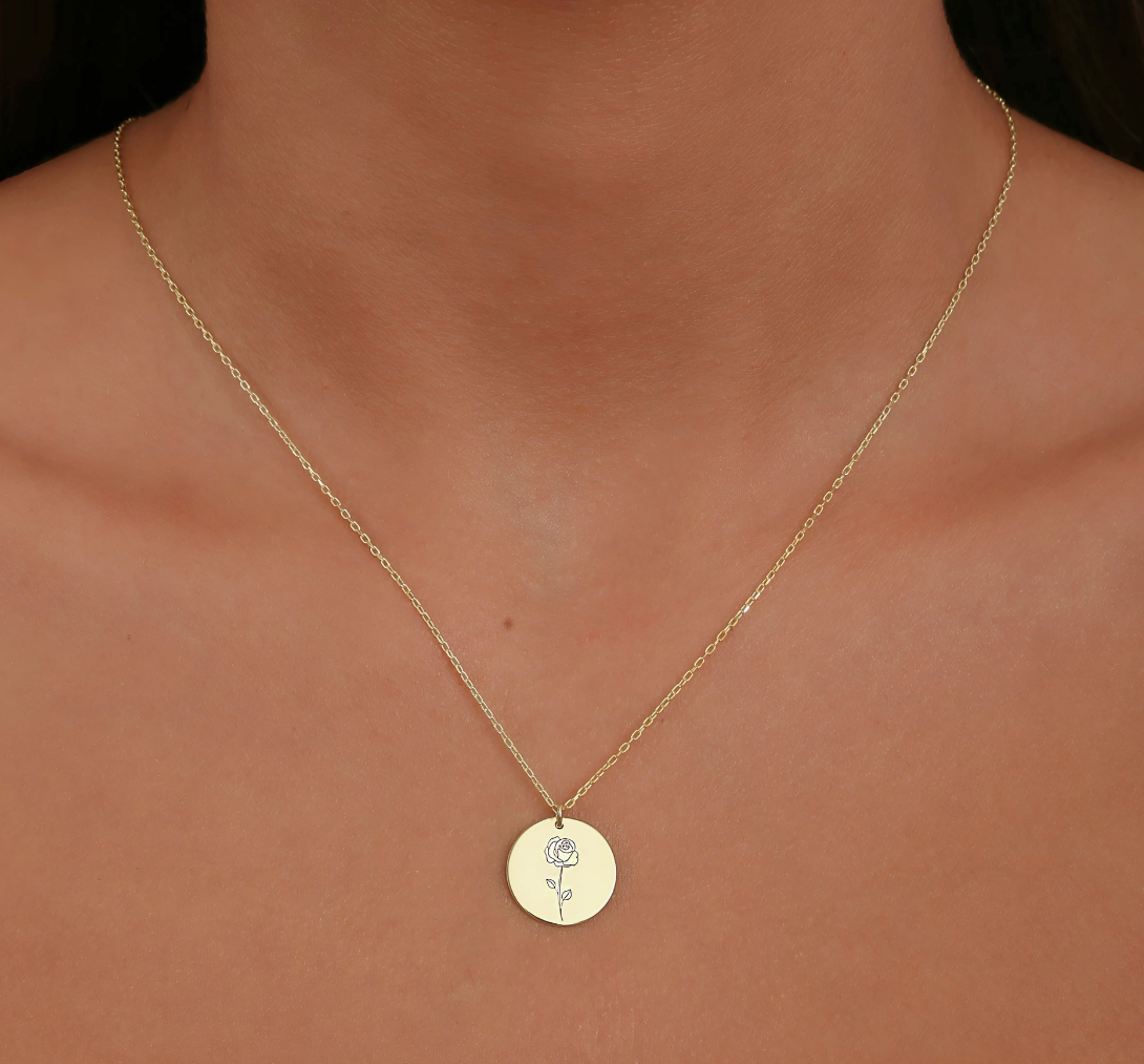 925 Sterling Silver Birth Month Flower Symbols Round Necklace