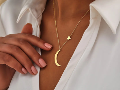 925 Sterling Silver Moon and Star Necklace