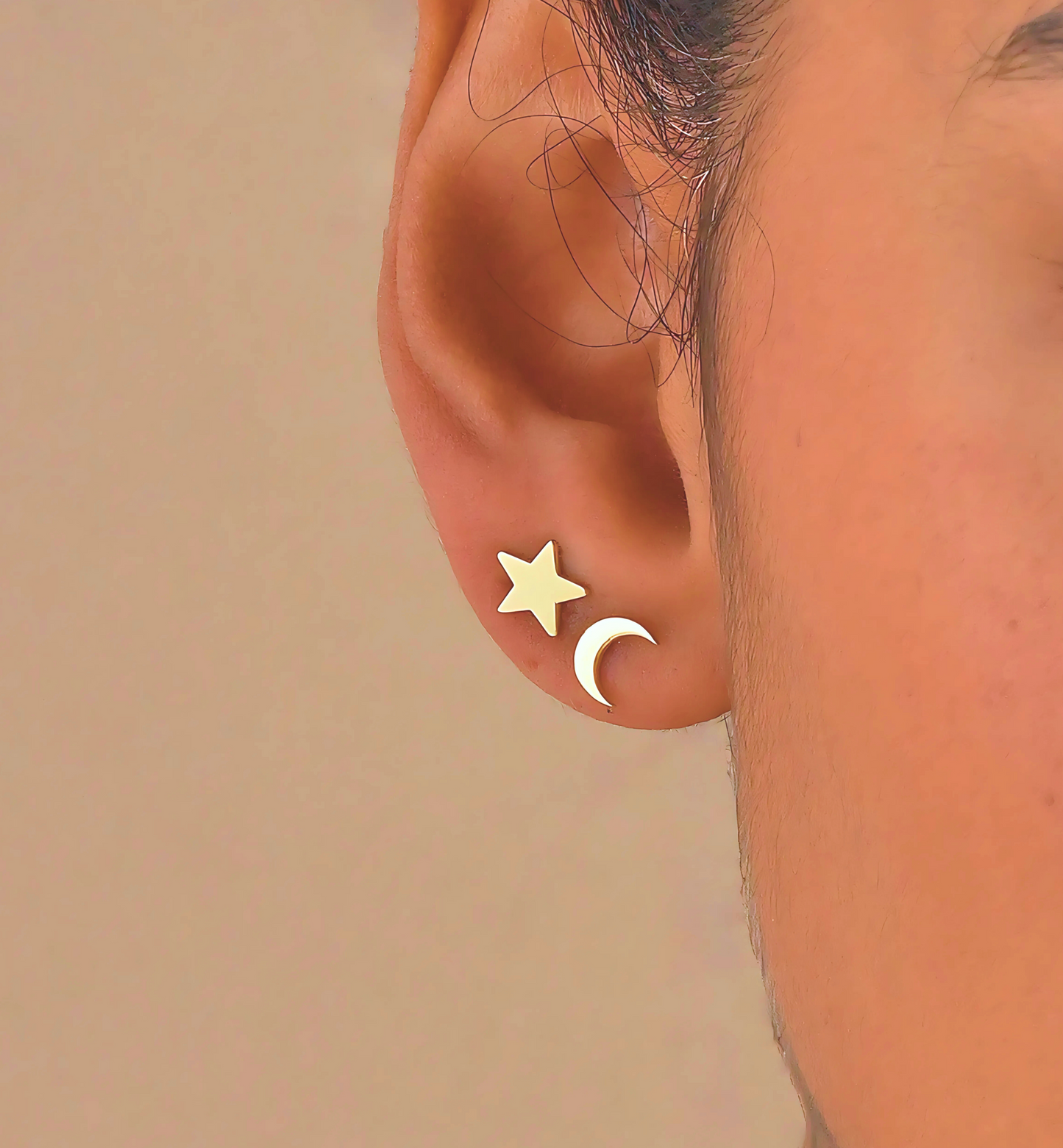 925 Sterling Silver Moon Star Stud Double Earrings