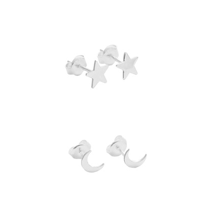 925 Sterling Silver Moon Star Stud Double Earrings