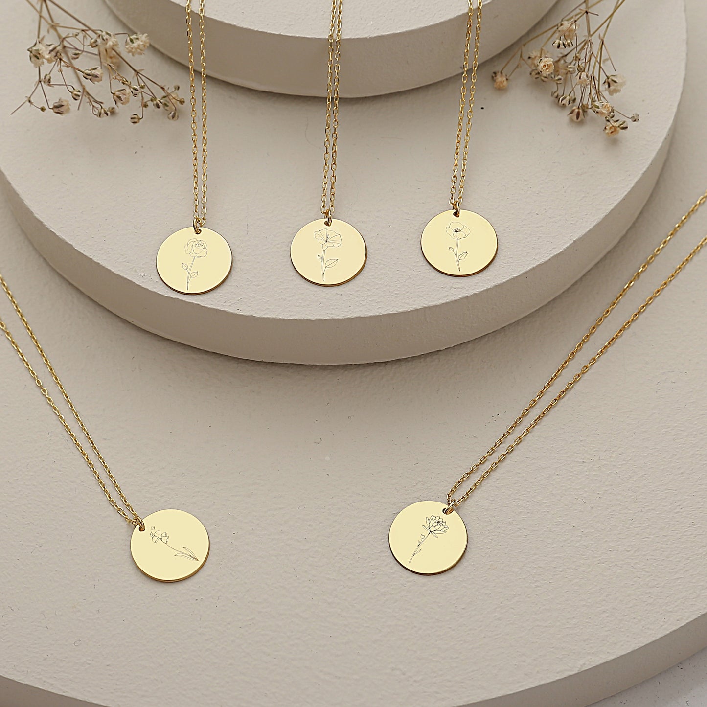 925 Sterling Silver Birth Month Flower Symbols Round Necklace