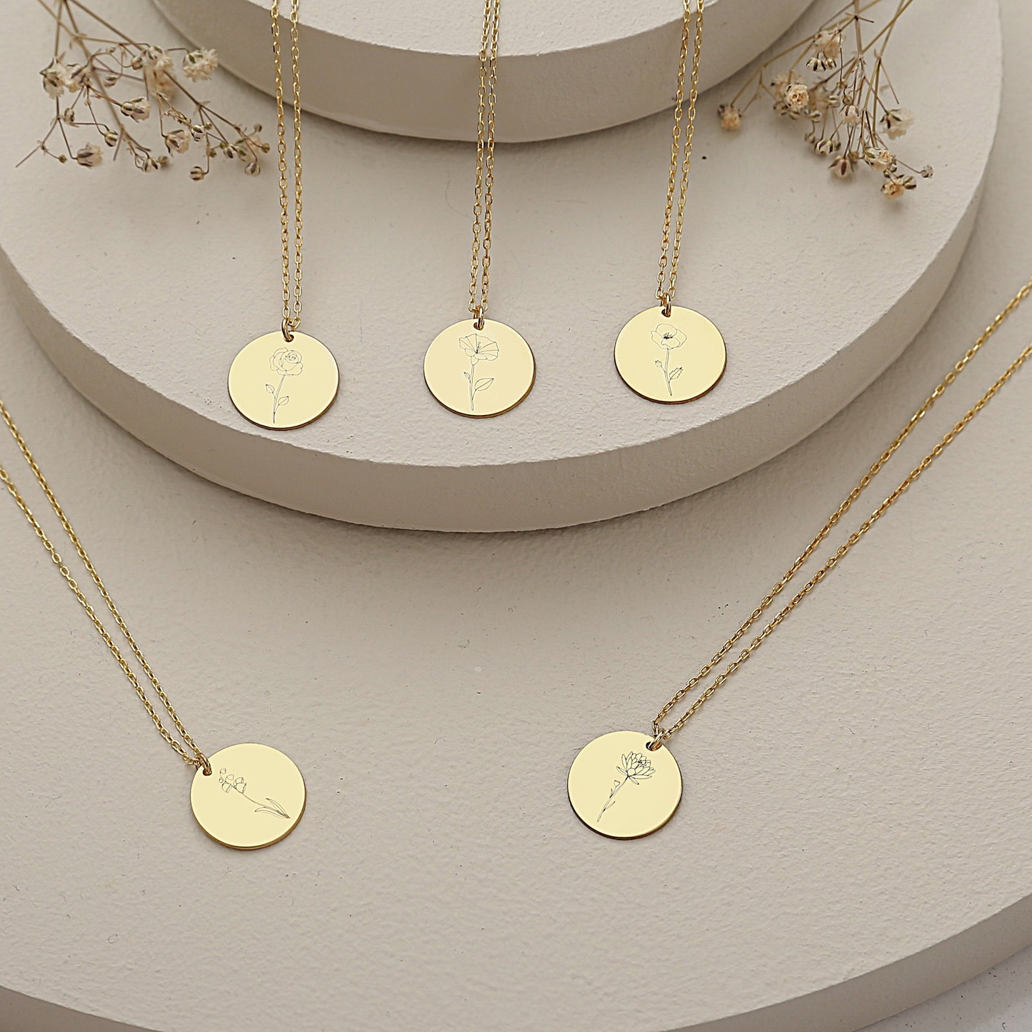 925 Sterling Silver Birth Month Flower Symbols Round Necklace