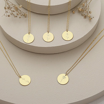 925 Sterling Silver Birth Month Flower Symbols Round Necklace