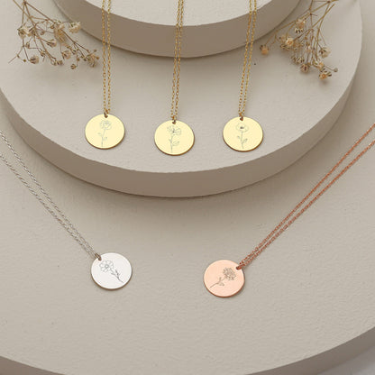 925 Sterling Silver Birth Month Flower Symbols Round Necklace