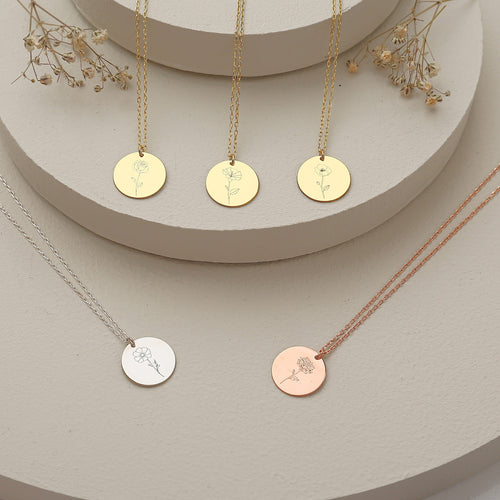 925 Sterling Silver Birth Month Flower Symbols Round Necklace