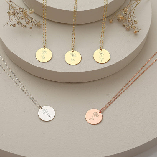 925 Sterling Silver Birth Month Flower Symbols Round Necklace