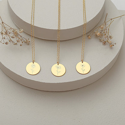 925 Sterling Silver Birth Month Flower Symbols Round Necklace