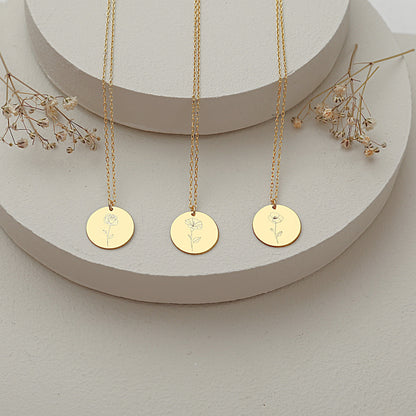 925 Sterling Silver Birth Month Flower Symbols Round Necklace