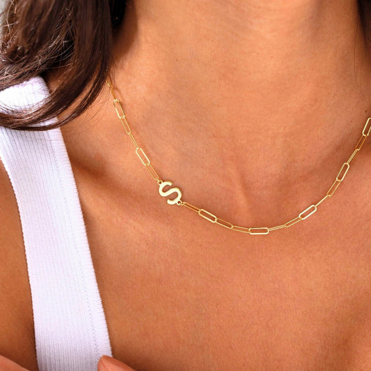 925 Sterling Silver Paperclip Chain Sideway Letter Necklace