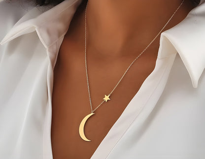 925 Sterling Silver Moon and Star Necklace
