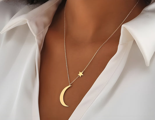 925 Sterling Silver Moon and Star Necklace
