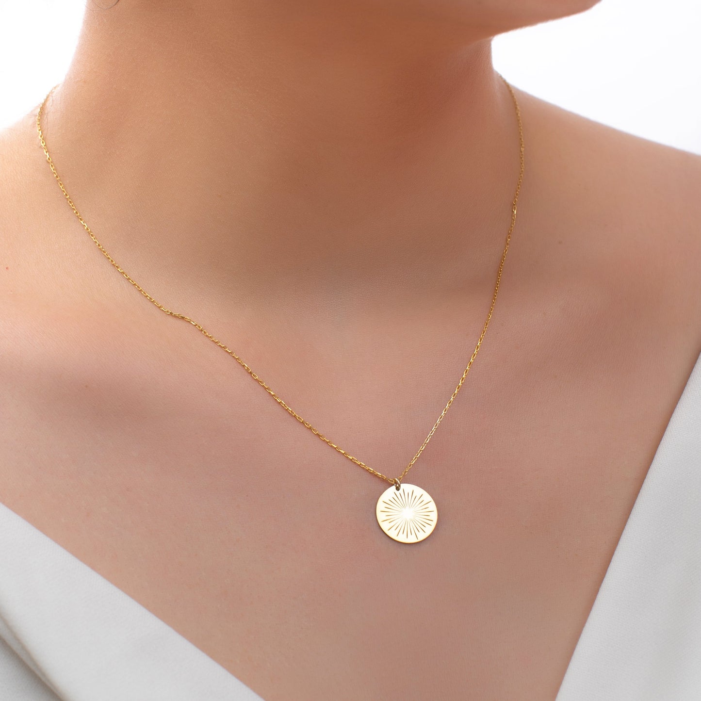 925 Sterling Silver Sun Symbol Engraved Charm Necklace
